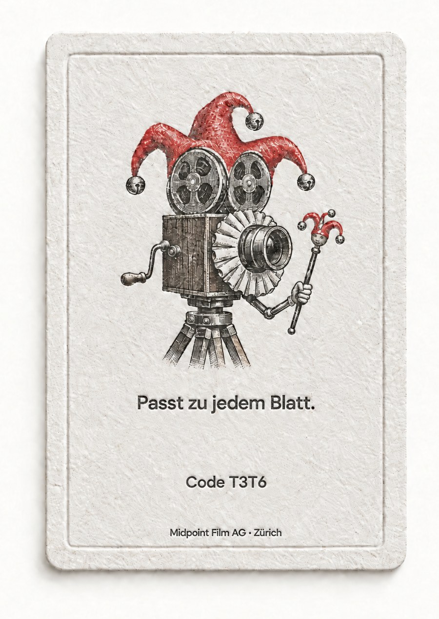 Rückseite: eine Filmkamera als Joker verkleidet. Passt zu jedem Blatt. Code T3T6.